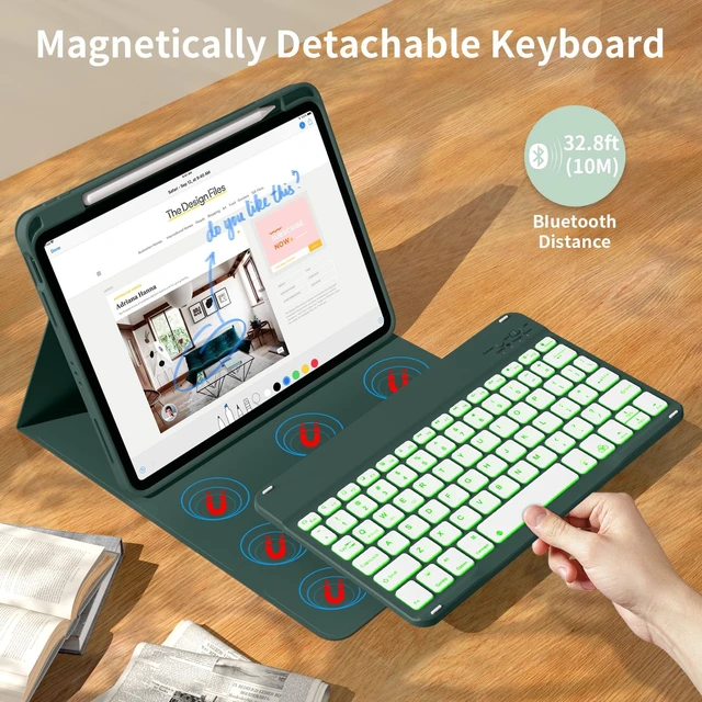 Alt view image 3 of 5 - kenke for iPad 11/10th Gen Case with Keyboard 11/10.9 inch 2025 A16/2022, Detachable Wireless Bluetooth Keyboard Case with Right Side Pencil Holder, Backlit White Square Keycaps (Dark Green