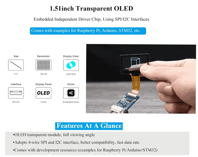Alt view image 3 of 5 - UeeKKoo 1.51inch Transparent OLED Compatible with Raspberry Pi 5/4B/3B+/3B/A+/Pi Zero W/Pi Zero 2W, 128 x 64 Resolution, SPI/I2C Interfaces, Embedded Independent Driver Chip, Light Blue Color Display