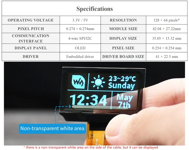 Alt view image 4 of 5 - UeeKKoo 1.51inch Transparent OLED Compatible with Raspberry Pi 5/4B/3B+/3B/A+/Pi Zero W/Pi Zero 2W, 128 x 64 Resolution, SPI/I2C Interfaces, Embedded Independent Driver Chip, Light Blue Color Display