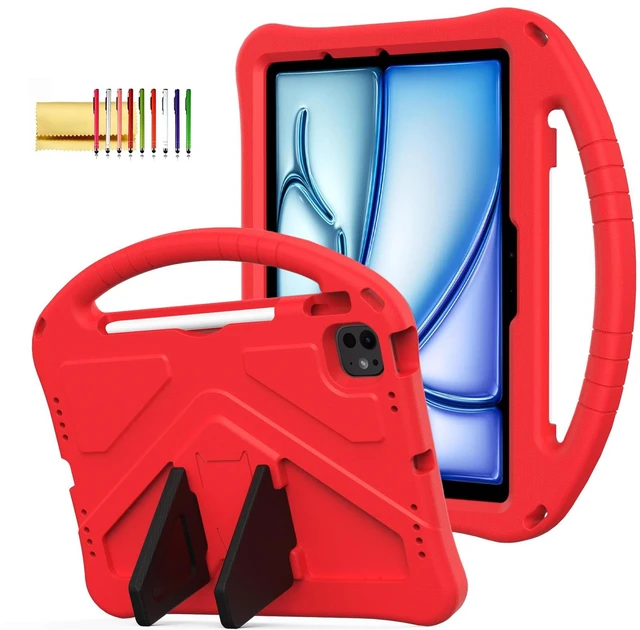 Main image of Kids Case for iPad Pro 11-inch (M5) 2025/(M4) 2024, Air 11" 2026 M4/M3/M2 Case with Pencil Holder, Techcircle Lightweight Shockproof EVA Foam Handle Stand Anti-Slip Grip Rugged Cover, Red