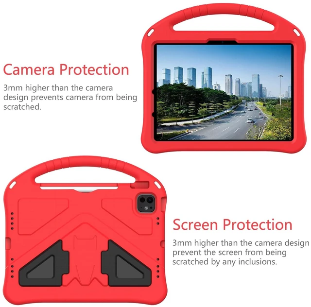 Alt view image 4 of 5 - Kids Case for iPad Pro 11-inch (M5) 2025/(M4) 2024, Air 11" 2026 M4/M3/M2 Case with Pencil Holder, Techcircle Lightweight Shockproof EVA Foam Handle Stand Anti-Slip Grip Rugged Cover, Red