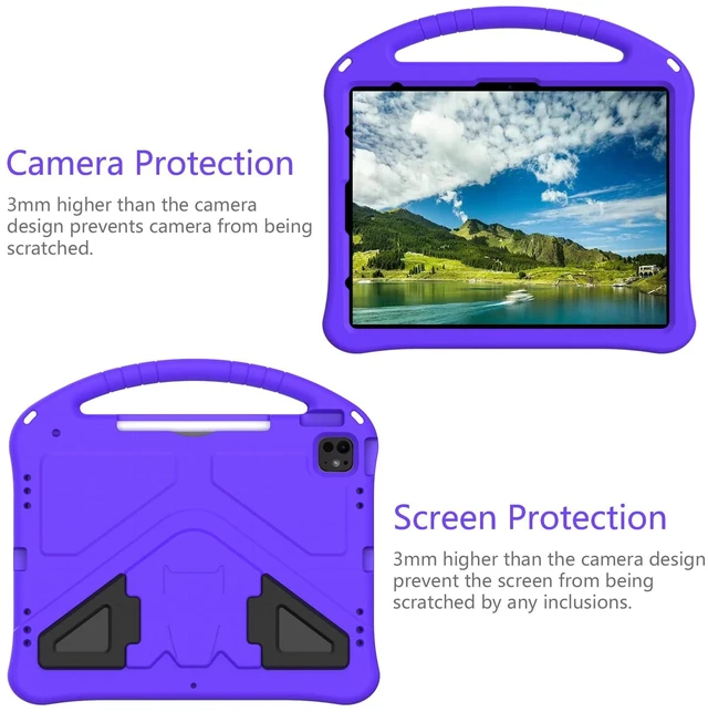 Alt view image 4 of 5 - Kids Case for iPad Pro 13" M5 M4/Air 13" 2026 2025 2024, iPad Pro 12.9 2018-2022 Cover with Pencil Holder, Techcircle Lightweight Shockproof EVA Foam Handle Stand Anti-Slip Grip Rugged Case, Purple