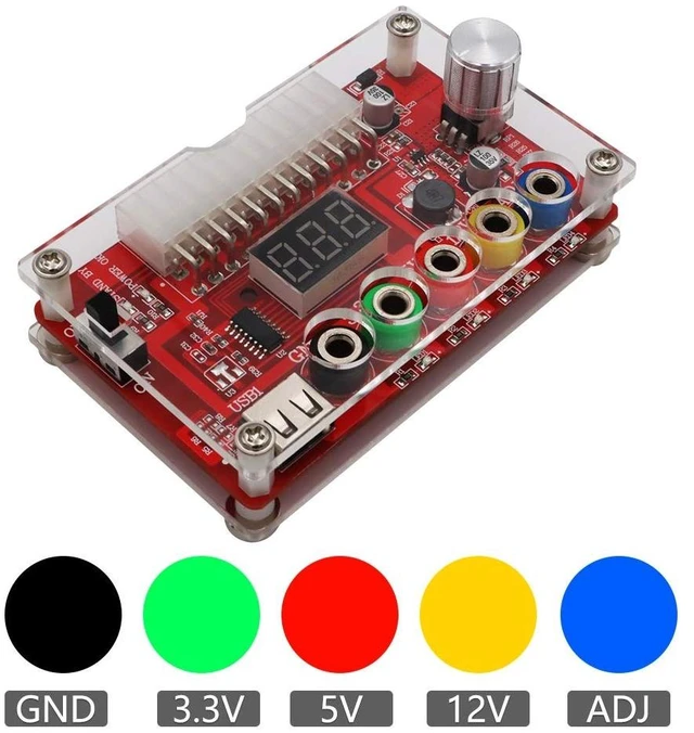 Alt view image 4 of 5 - HLT New Version ATX Power Supply Breakout Board and Acrylic Case Kit with ADJ Adjustable Voltage Knob, Supports 3.3V, 5V, 12V and 1.8V-10.8V (ADJ) Output Voltage, 3A Maximum Output, Reset Protection.