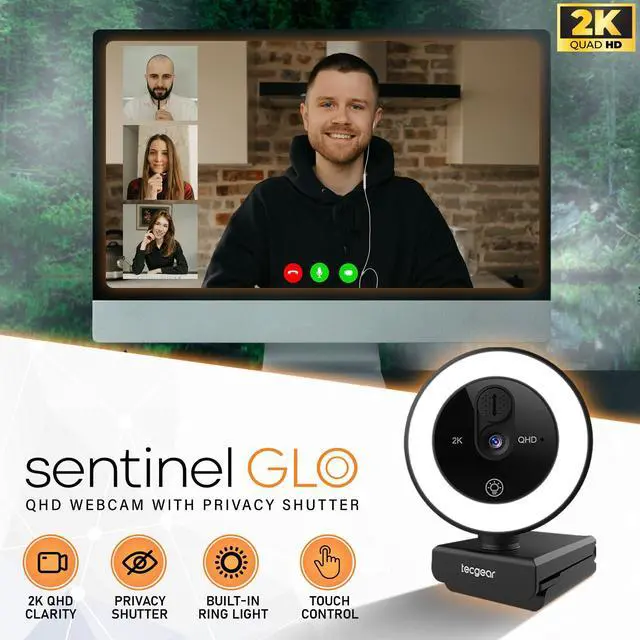 Alt view image 2 of 5 - Tecgear Sentinel GLO 2K QHD Webcam ^^ Streaming Camera with Ring Light ^^ Touch Control Lighting ^^ 360 Adjustable USB Webcam with Microphone ^^ Privacy Shutter ^^ Plug & Play for Laptop PC Mac