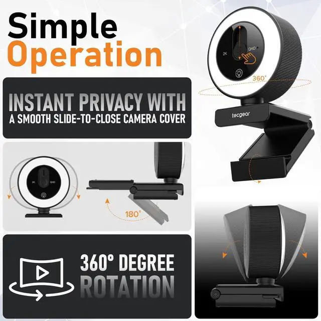 Alt view image 3 of 5 - Tecgear Sentinel GLO 2K QHD Webcam ^^ Streaming Camera with Ring Light ^^ Touch Control Lighting ^^ 360 Adjustable USB Webcam with Microphone ^^ Privacy Shutter ^^ Plug & Play for Laptop PC Mac