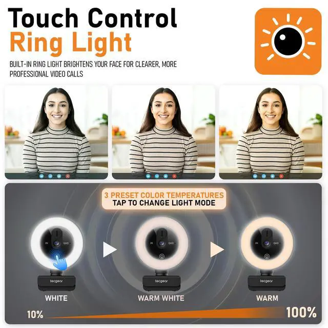 Alt view image 4 of 5 - Tecgear Sentinel GLO 2K QHD Webcam ^^ Streaming Camera with Ring Light ^^ Touch Control Lighting ^^ 360 Adjustable USB Webcam with Microphone ^^ Privacy Shutter ^^ Plug & Play for Laptop PC Mac