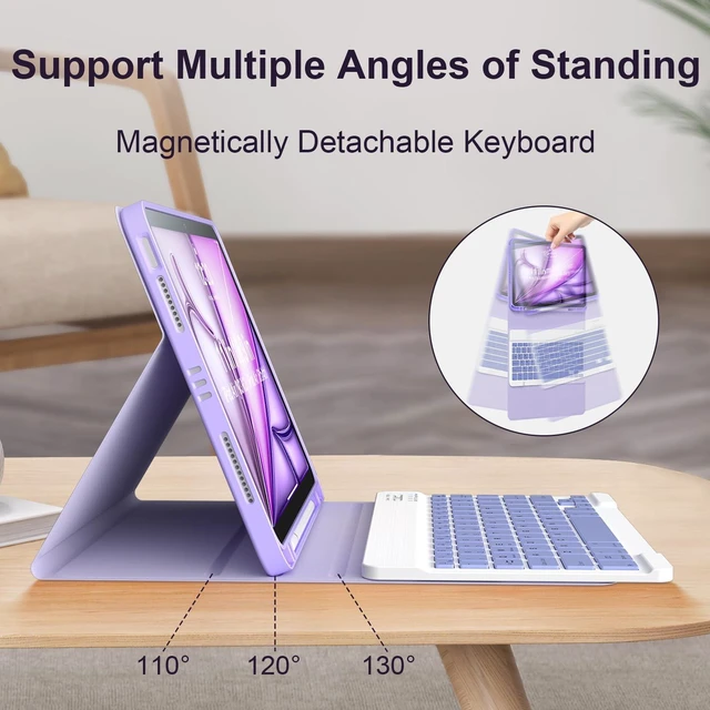 Alt view image 3 of 5 - GETFRST for iPad Case with Detachable Bluetooth Keyboard (USB-C Rechargeable) & Stylus Pen for iPad Air 11" (M2/M3 2024/2025) air 4th/5th Protective Cover with Pencil Holder, Multi-Angle Stand,Purple