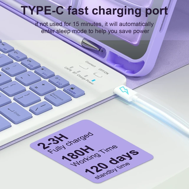 Alt view image 4 of 5 - GETFRST for iPad Case with Detachable Bluetooth Keyboard (USB-C Rechargeable) & Stylus Pen for iPad Air 11" (M2/M3 2024/2025) air 4th/5th Protective Cover with Pencil Holder, Multi-Angle Stand,Purple