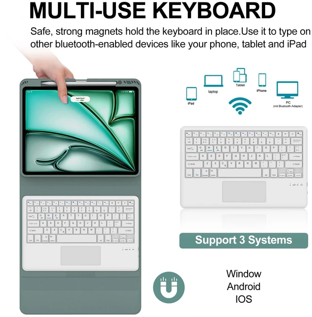 Alt view image 2 of 5 - Touchpad Keyboard Case for iPad Air 13 inch (M3 2025/M2 2024) - Multi-Touch Trackpad, Detachable Bluetooth Touch Keyboard Slim Folio Smart Cover with Pen Holder iPad 12.9"6th/5th/4th/3rd (Dark Green)