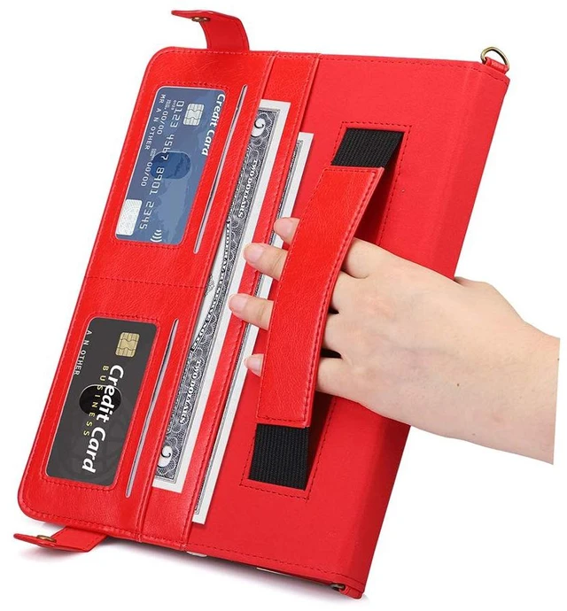 Alt view image 5 of 5 - Handbag Case for iPad 10.2" (2019-2021) & iPad Pro/Air 10.5", Techcircle Folio Stand iPad Crossbody Wallet Case with Pencil Holder & Envelope Pocket, Hand Strap+Shoulder Strap Protective Cover, Red