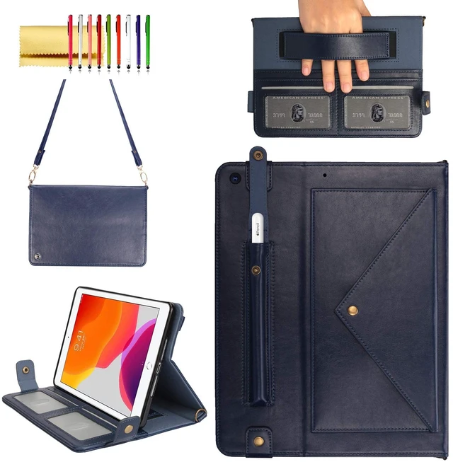 Main image of Techcircle Lightweight Folio Stand Crossbody Wallet Case for iPad Mini 7.9" Series, iPad Mini 4/5 - Soft Protective Cover with Pencil Holder, Hand & Shoulder Straps, Navy