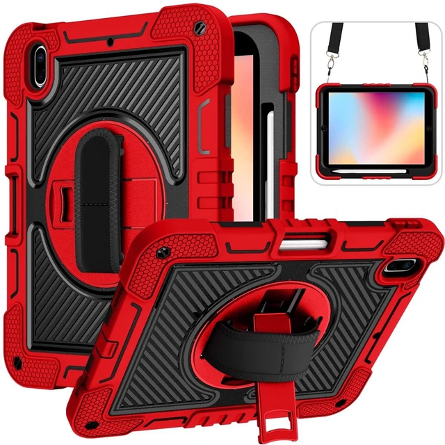 Main image of Shockproof Case for iPad (A16) 2025 11-inch, iPad 10th Gen 2022 Carrying Case with Hand Strap+Pencil Holder, Techcircle Heavy Duty Rotating Kickstand Rugged Protective Cover, Red