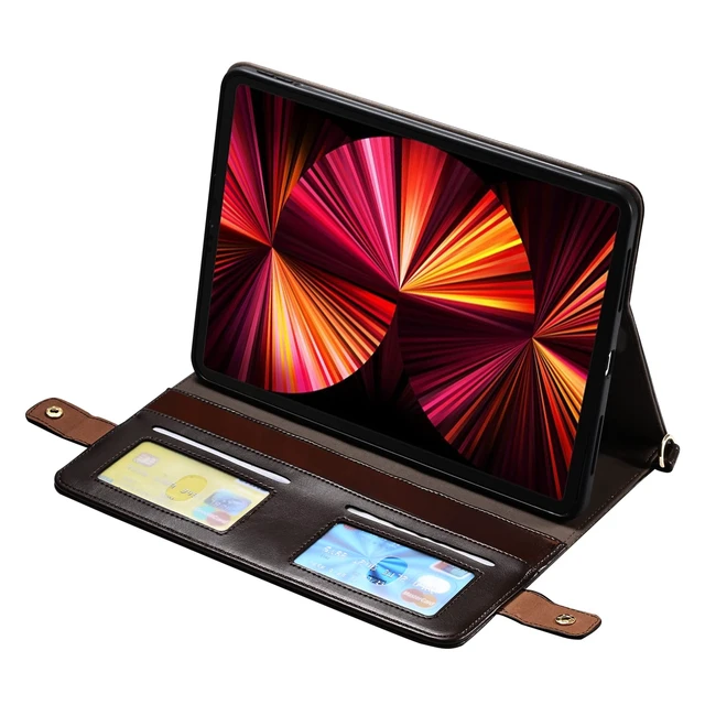 Alt view image 3 of 5 - Handbag Case for iPad Pro 10.5/iPad Air 10.5"/iPad 10.2, Techcircle Folio Stand PU Leather Cover w/Hand Strap, Crossbody iPad Case with Pencil Holder Card Slots Envelope Pocket Wallet Case, Dark Brown