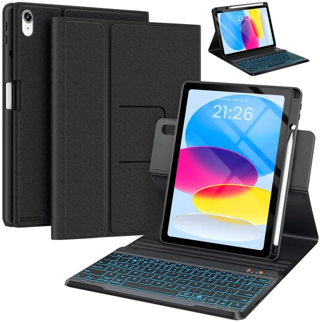 Main image of BLUTLOTUS Keyboard Case for iPad 10th Generation 2022 10.9 inch,360 Rotatable Keyboard Case with Pencil Holder, 7 Color Backlit Detachable Bluetooth Keyboard,Smart Folio Tablet Cover (Black)