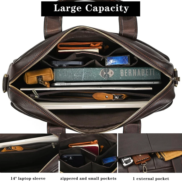 Alt view image 5 of 5 - SAIION Genuine Leather Briefcase for Men, Laptop Computer Shoulder Bag With Strap, 15.6 Inch Business Travel Work Handbag, Brown