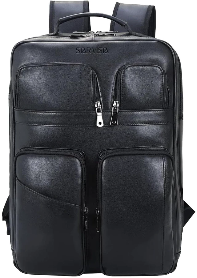 Main image of STAR VISTA Angelo 17.3" Premium Calfskin Leather Laptop Backpack for Men, Multi Pockets, Business Travel Bag, Casual Outdoor Rucksack, YKK Zippers, Black