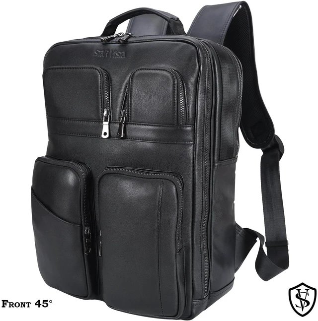 Alt view image 2 of 5 - STAR VISTA Angelo 17.3" Premium Calfskin Leather Laptop Backpack for Men, Multi Pockets, Business Travel Bag, Casual Outdoor Rucksack, YKK Zippers, Black