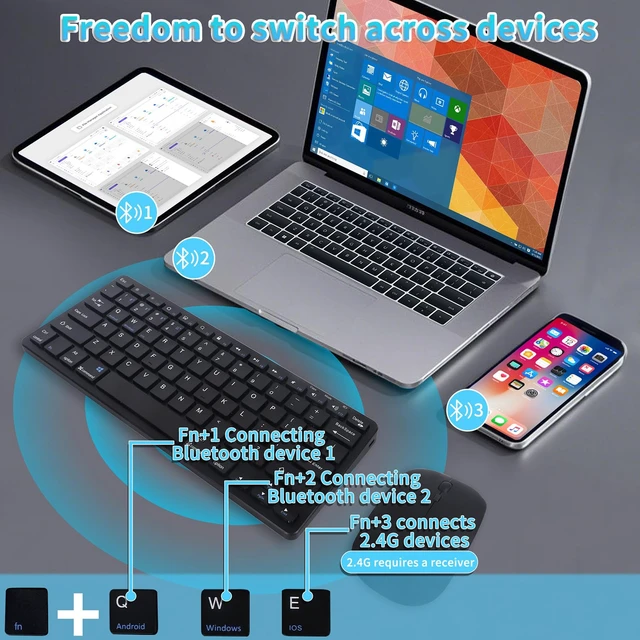 Alt view image 5 of 5 - Wireless Bluetooth Keyboard and Mouse Combo Rechargeable, Quiet Operation, 3-Device Switching Perfect for Home Office, Gaming, and Travel,Compatible with Windows, Mac, Android(Black)