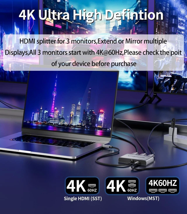 Alt view image 2 of 5 - SWITCHFLUX USB C to 3 HDMI Adapter ^^4K60Hz HDMI Splitter Extended Display 1 in 3 Out MST Hub with 100W PD for Multiple Monitors Converter Compatible with Laptop,PC,USB-C Graphics Card