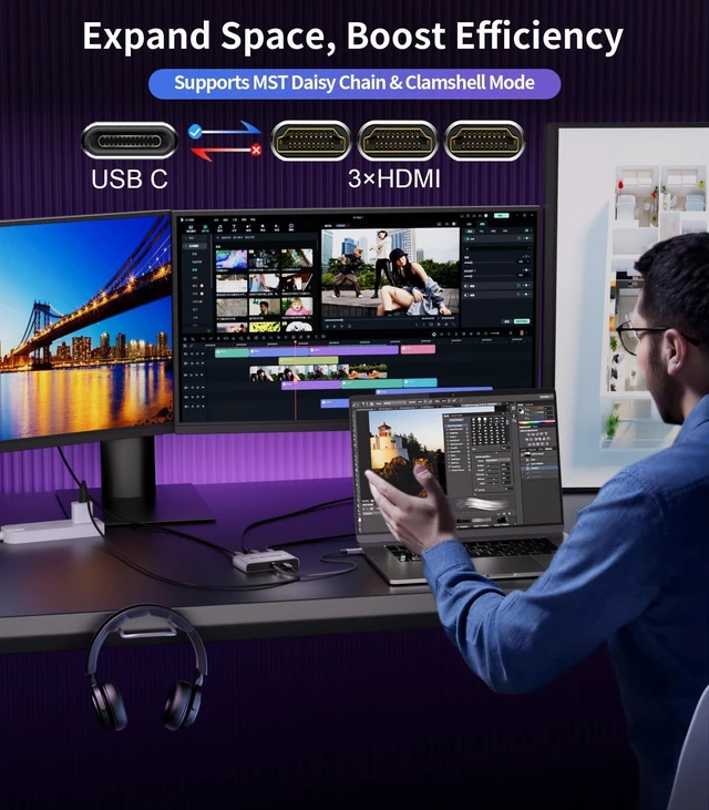 Alt view image 3 of 5 - SWITCHFLUX USB C to 3 HDMI Adapter ^^4K60Hz HDMI Splitter Extended Display 1 in 3 Out MST Hub with 100W PD for Multiple Monitors Converter Compatible with Laptop,PC,USB-C Graphics Card