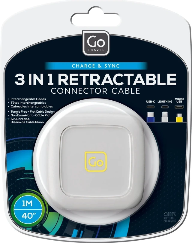 Main image of Go Travel 3 in 1 Retractable Connector Cable, 1 M (40")