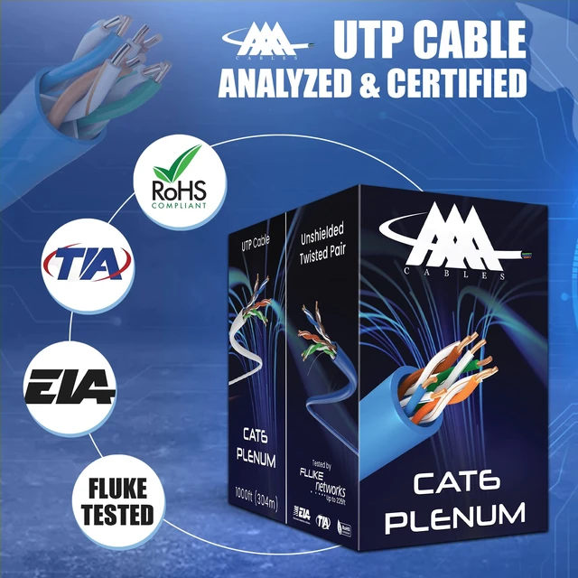 Alt view image 3 of 5 - AAA Cables ^^ CAT6 Plenum Ethernet Cable 1000ft ^^ UTP, 23AWG ^^ Bulk CAT 6 Network Wire ^^ 550MHz Performance ^^ DSX-8000 Certified ^^ Built for Reliable Networks (Blue)