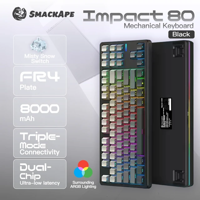 Alt view image 2 of 2 - SMACKAPE Impact 80 Triple-Mode RGB Wireless Mechanical Keyboard with HiFi Typing Sound, Gasket Hot-Swappable 87-Key Wired Gaming Keyboard with QMK/VIA (Black)