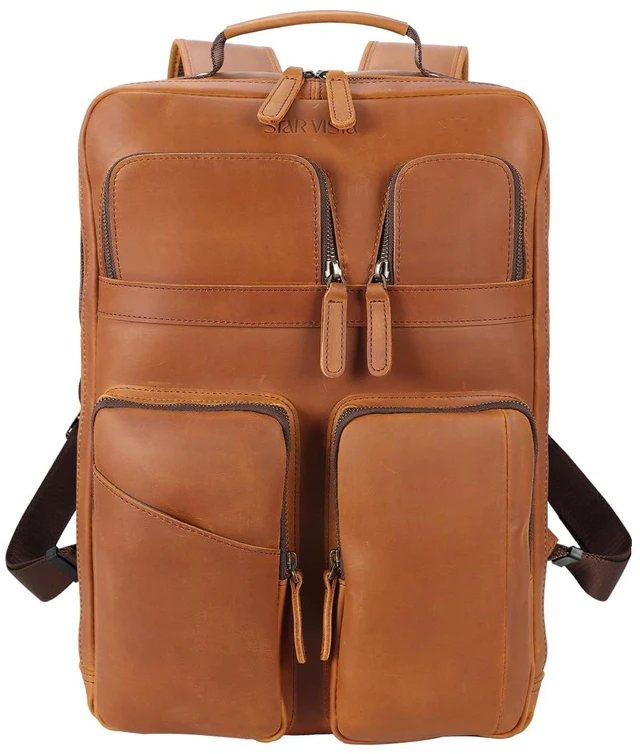 Main image of STAR VISTA Angelo 17.3" Vintage Full Grain Leather Laptop Backpack for Men, Multi Pockets, Casual Outdoor Business Travel Rucksack, YKK Zippers, Light Brown