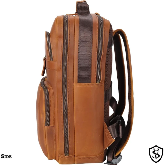 Alt view image 3 of 5 - STAR VISTA Angelo 17.3" Vintage Full Grain Leather Laptop Backpack for Men, Multi Pockets, Casual Outdoor Business Travel Rucksack, YKK Zippers, Light Brown