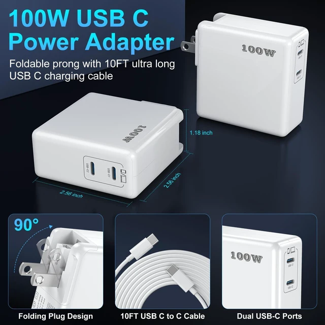 Alt view image 4 of 5 - Mac Book Pro Charger 100W USB C Charger Block Fast Charging Dual Ports 2Pack for MacBook Pro/Air 13 14 15 16 inch, iPad,iPhone 16/15 Pro Max, Samsung Galaxy USBC Device 10FT C to C Charge Cable
