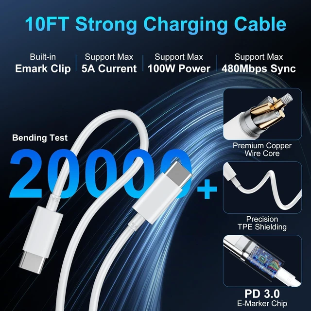 Alt view image 5 of 5 - Mac Book Pro Charger 100W USB C Charger Block Fast Charging Dual Ports 2Pack for MacBook Pro/Air 13 14 15 16 inch, iPad,iPhone 16/15 Pro Max, Samsung Galaxy USBC Device 10FT C to C Charge Cable