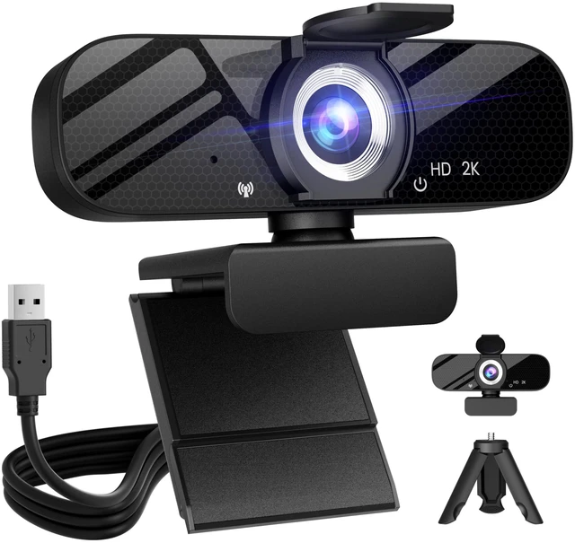 Main image of Tewiky Full HD Webcam with Built-in Microphone and Rotatable Tripod, 2K Video and Wide Angle Camera, Privacy Cover, for Desktop PC or Laptop Computer