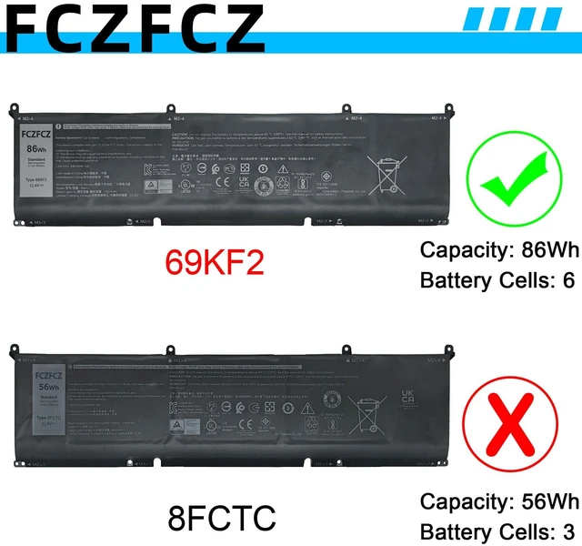 Alt view image 3 of 5 - FCZFCZ 69KF2 Battery 86Wh 7167mAh 8FCTC 70N2F 11.4V 6-Cells