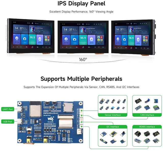 Alt view image 5 of 5 - Waveshare ESP32-S3 4.3inch Display Development Board, 800480, Supports WiFi & Bluetooth, with Onboard Antenna, Without Touch Function