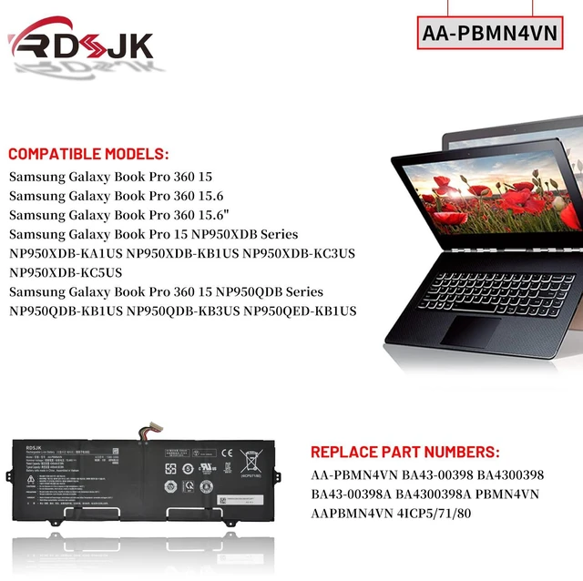 Alt view image 3 of 5 - AA-PBMN4VN Laptop Battery for Samsung Galaxy Book Pro 360 15 15.6" NP950XDB NP950XDB-KA1US NP950XDB-KB1US NP950XDB-KC3US NP950XDB-KC5US NP950QDB NP950QDB-KB1US NP950QED NP950QED-KB1US 15.44V 67W