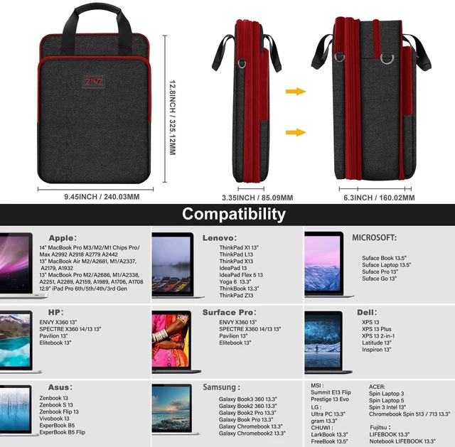 Alt view image 3 of 5 - ZINZ Laptop Shoulder Bag 12.3-13 inch Case Sleeve, Expandable Handbag with Valuables Compartment Compatible with MacBook Air/Pro/Neo 13", iPad 12.9"/13"/11", Shockproof,Black-Wine edge