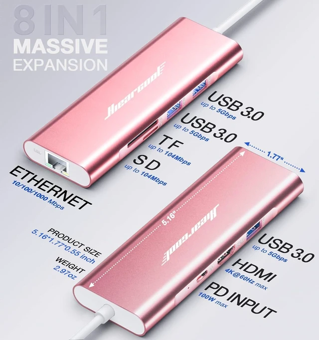 Alt view image 5 of 5 - Hiearcool USB C Hub, USB C Dock, 4K@60Hz HDMI, 1Gbps Ethernet, Rose Gold