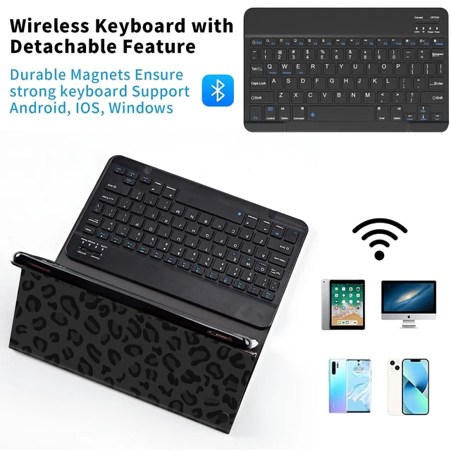 Alt view image 4 of 5 - Qindaiwen Keyboard Case for Fire HD 10 Tablet (13th/11th Generation,2023/2021 Release) 10.1", PU Leather Stand Cover with Detachable Bluetooth Keyboard, Black Leopard Print