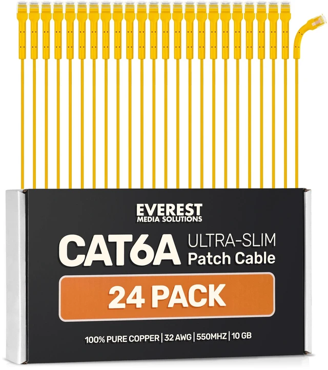 Main image of Everest Ultra Slim Cat6a Ethernet Patch Cables 0.5ft (24-Pack) Yellow