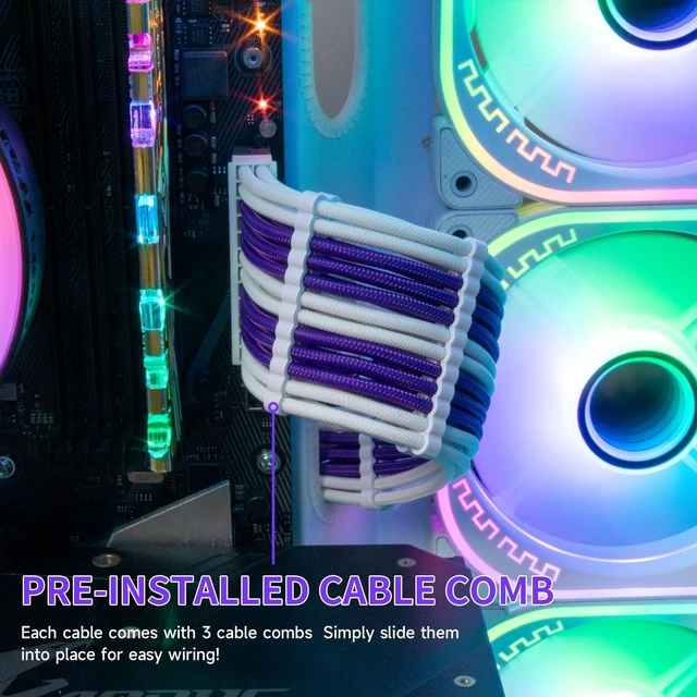 Alt view image 4 of 5 - Sirlyr PSU Extension Cable Kit - Custom Sleeved Power Supply Mod for PC Build 16AWG 24Pin ATX/8 (4+4) Pin EPS CPU/8 (6+2) Pin PCI-E GPU PSU - White Purple 5 Kits