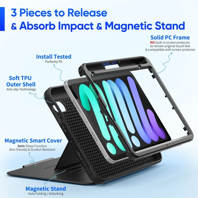 Alt view image 4 of 5 - SEYMAC stock Case for iPad mini 7 (A17 Pro)/ Mini 6 8.3'', Powerful Magnetic Auto Sleep Protective Case with Absorbing Multi-Angles Stand, Pen Holder, Card Slot, Blue