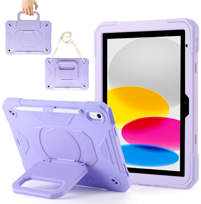 Main image of Case for iPad 11th (A16) 11" 2025, iPad 10th Generation 10.9" 2022,Military Grade Shockproof iPad Case Built-in 360 Rotating Stand/Pen Slot/Shoulder Strap, for iPad 11th Gen/10th Gen (Light Purple)