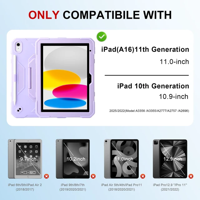 Alt view image 2 of 5 - Case for iPad 11th (A16) 11" 2025, iPad 10th Generation 10.9" 2022,Military Grade Shockproof iPad Case Built-in 360 Rotating Stand/Pen Slot/Shoulder Strap, for iPad 11th Gen/10th Gen (Light Purple)