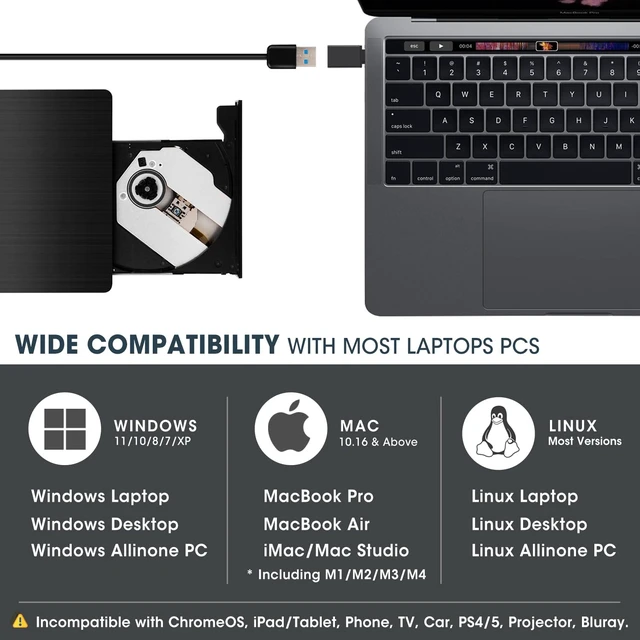 Alt view image 5 of 5 - ROOFULL External CD DVD Drive with Carrying Case for Laptop, USB 3.0 Type-C