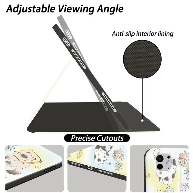 Alt view image 4 of 5 - JOYLAND Kawaii Cat Case for iPad (A16) 11th Gen 2025 11" / iPad 10th Generation 2022 10.9" with Pencil Holder Cartoon Animal Floral Pattern Multi-Angle Stand Leather Cover Auto Sleep/Wake