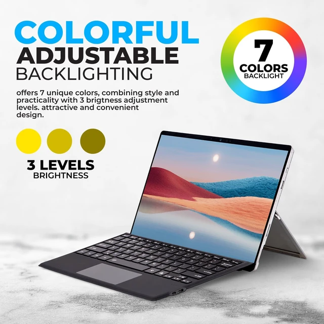 Alt view image 5 of 5 - Keyboard Type Cover for Microsoft Surface Pro 7+ / Pro 7/6 / 5/4 / 3, 12.3 inch, Ultra-Slim Bluetooth Multi-Touchpad Mouse Rechargeable, 7-Color LED Backlit (Black)