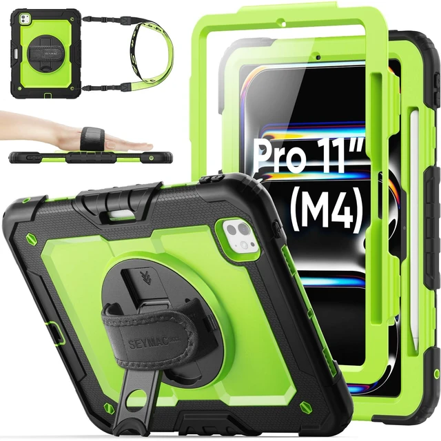 Main image of SEYMAC stock Case for iPad Pro 11-inch M5-M4 2025-2024, Shockproof Heavy Duty Case with Screen Protector, Pencil Holder, Rotating Stand, Hand Strap, Shoulder Strap, Green