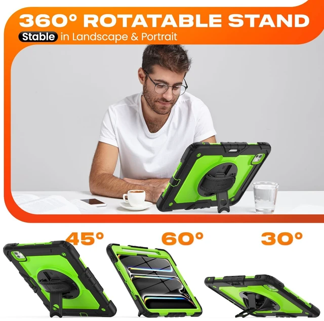 Alt view image 4 of 5 - SEYMAC stock Case for iPad Pro 11-inch M5-M4 2025-2024, Shockproof Heavy Duty Case with Screen Protector, Pencil Holder, Rotating Stand, Hand Strap, Shoulder Strap, Green