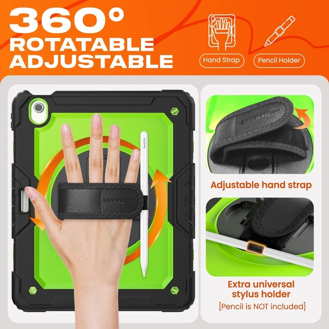 Alt view image 3 of 5 - SEYMAC stock Case for iPad Pro 11-inch M5-M4 2025-2024, Shockproof Heavy Duty Case with Screen Protector, Pencil Holder, Rotating Stand, Hand Strap, Shoulder Strap, Green