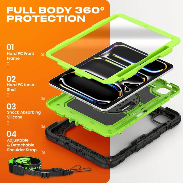 Alt view image 5 of 5 - SEYMAC stock Case for iPad Pro 11-inch M5-M4 2025-2024, Shockproof Heavy Duty Case with Screen Protector, Pencil Holder, Rotating Stand, Hand Strap, Shoulder Strap, Green